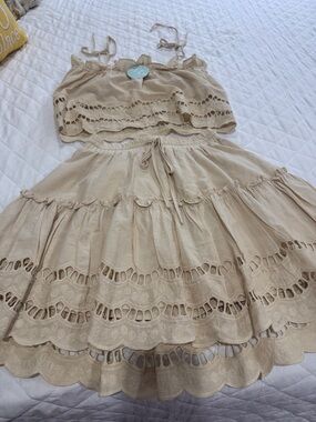 Girls Beige Lace-Trim Two-Piece Dress Set